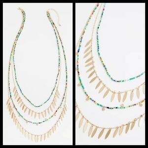 Gold Tone Leaf Necklace Layered Boho Beaded 24- 30in Length Torrid Plussize NWT